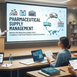 Professional e-learning image showing Pharmaceutical Supply Management logistics and tools