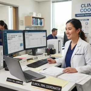 Modern educational image for Clinical Trial Coordination course with trial logistics and participant management visuals