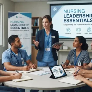 Professional e-learning image showing Nursing Leadership Essentials and healthcare team management concepts