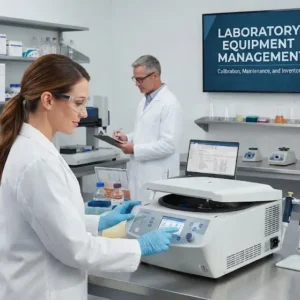Modern educational image for Laboratory Equipment Management course with laboratory equipment and maintenance visuals