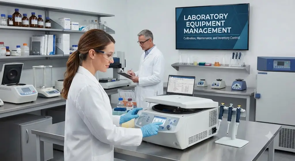 Modern educational image for Laboratory Equipment Management course with laboratory equipment and maintenance visuals