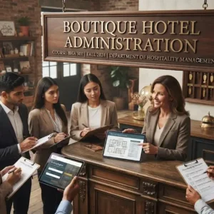 High-quality educational course image featuring Boutique Hotel Administration with modern visuals