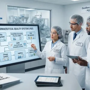 Professional e-learning image showing Pharmaceutical Quality Systems compliance and assurance concepts