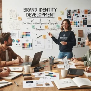 High-quality educational course image for Brand Identity Development with logos, identity visuals, and storytelling elements.