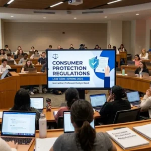 High-quality educational course image showing Consumer Protection Regulations with law and consumer rights visuals.