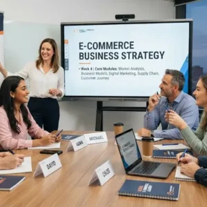 High-quality educational course image for E-Commerce Business Strategy with digital commerce and strategic growth visuals.