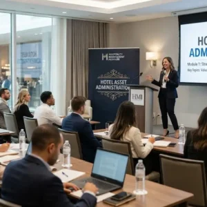 High-quality educational course image featuring Hotel Asset Administration with modern visuals