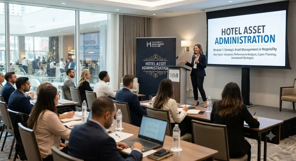 High-quality educational course image featuring Hotel Asset Administration with modern visuals
