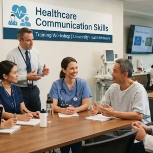 Modern e‑learning image showing Healthcare Communication Skills course visuals