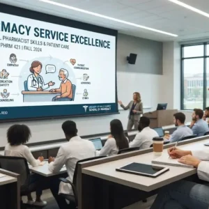Modern educational image for Pharmacy Service Excellence course with patient care and service quality visuals
