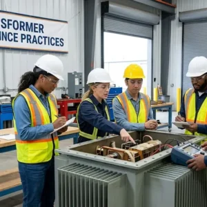 High-quality educational course image for Transformer Maintenance Practices with electrical equipment and preventive maintenance visuals.