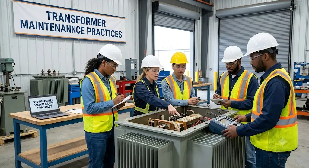 High-quality educational course image for Transformer Maintenance Practices with electrical equipment and preventive maintenance visuals.