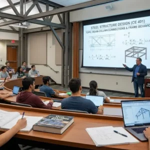 High-quality educational course image for Steel Structure Design with steel frameworks and structural engineering visuals.