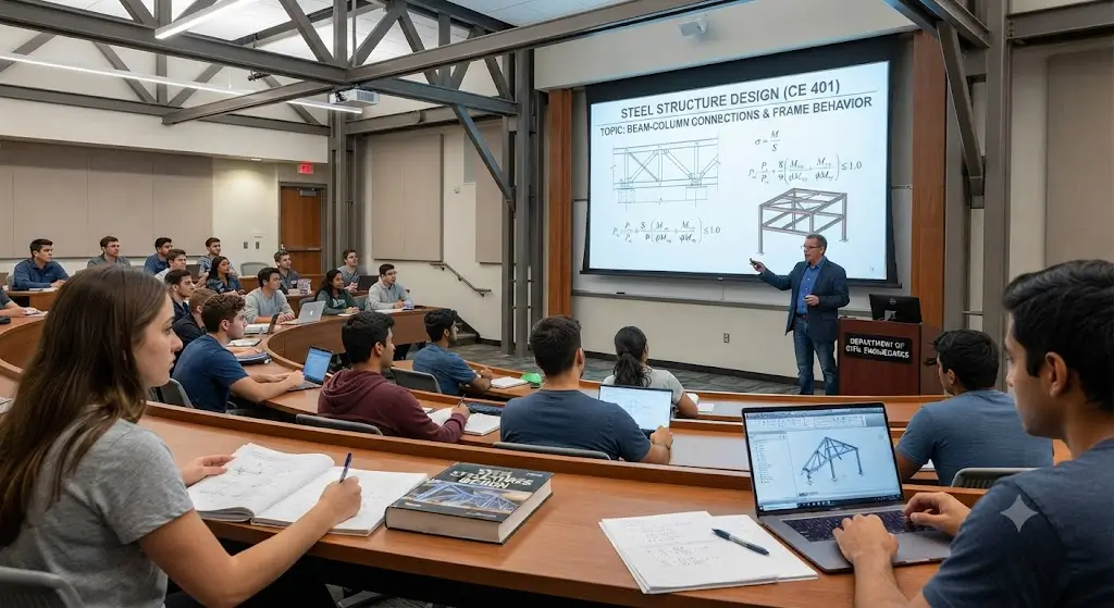 High-quality educational course image for Steel Structure Design with steel frameworks and structural engineering visuals.