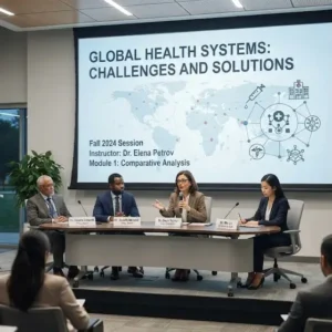 Modern educational image for Global Health Systems course with international healthcare and policy visuals