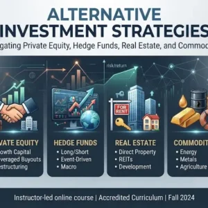 Modern educational image for Alternative Investment Strategies course with portfolio diversification and non-traditional asset visuals