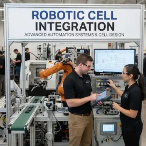 Modern e‑learning image showing Robotic Cell Integration course visuals