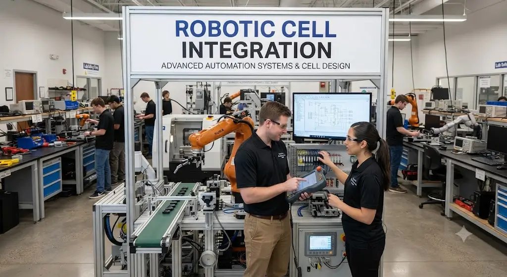 Modern e‑learning image showing Robotic Cell Integration course visuals