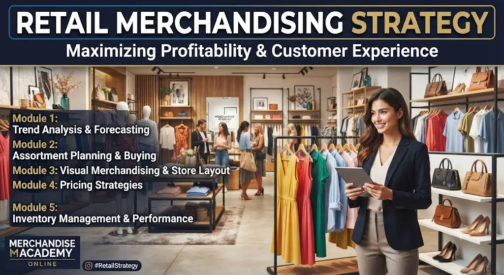 Modern educational image for Retail Merchandising Strategy course with product placement and retail planning visuals