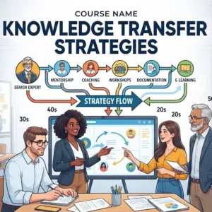 Modern educational image for Knowledge Transfer Strategies course with knowledge sharing and organizational learning visuals