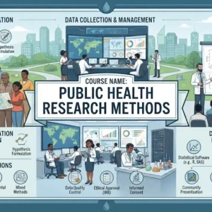 Modern educational image for Public Health Research Methods course with epidemiology and data analysis visuals