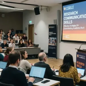 High-quality educational course image showing Research Communication Skills with writing and presentation visuals.
