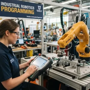 Modern e‑learning image showing Industrial Robotics Programming course visuals