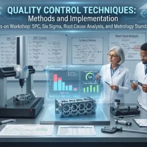 High-quality educational course image for Quality Control Techniques with inspection and statistical quality visuals.