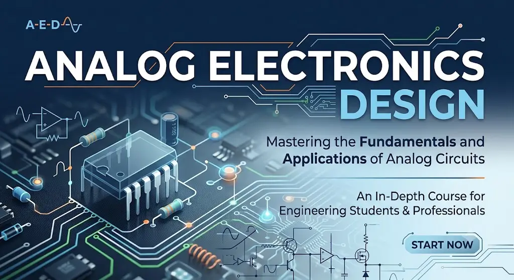 High-quality educational course image for Analog Electronics Design with circuit design and analog engineering visuals.