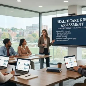 Modern e‑learning image showing Healthcare Risk Assessment course visuals