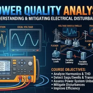High-quality educational course image for Power Quality Analysis with electrical monitoring and power optimization visuals.