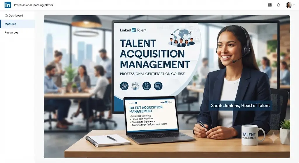 Modern educational image for Talent Acquisition Management course with recruitment and workforce integration visuals
