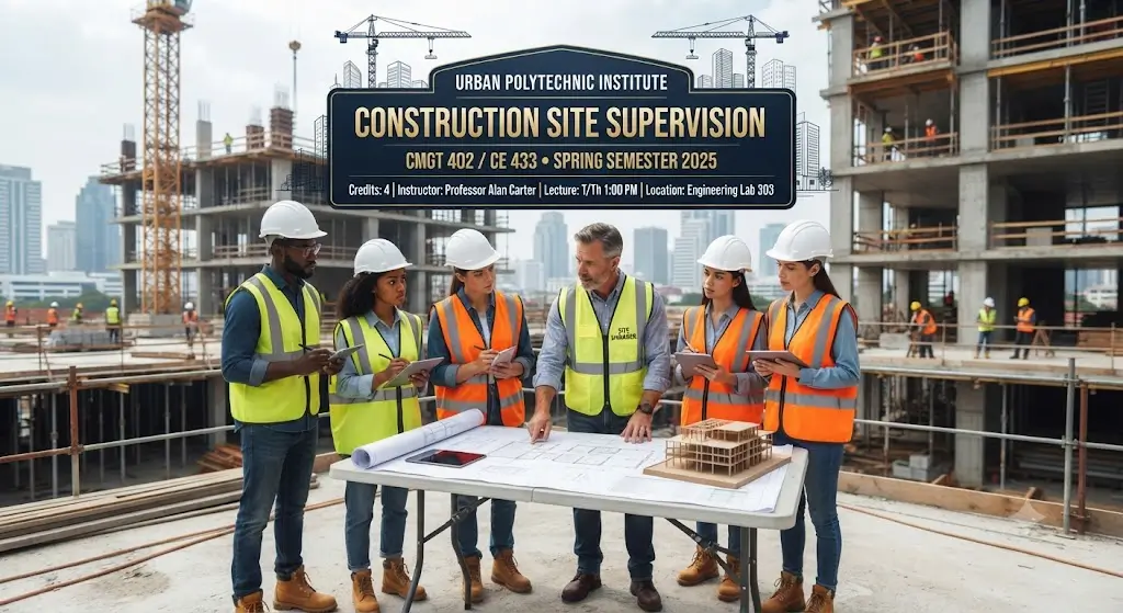High-quality educational course image for Construction Site Supervision with site management and safety visuals.