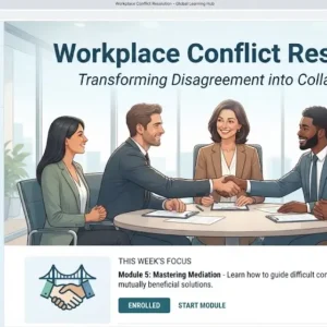 Modern educational image for Workplace Conflict Resolution course with mediation and communication visuals
