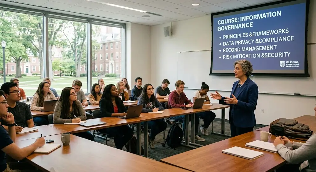High-quality educational course image showing Information Governance with data management and compliance visuals.