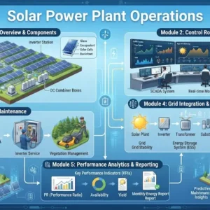 High-quality educational course image featuring Solar Power Plant Operations with modern visuals