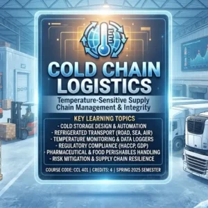 Modern educational image for Cold Chain Logistics course with refrigerated transport and storage visuals