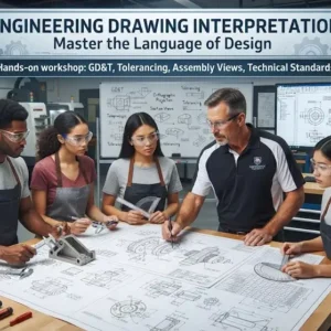 High-quality educational course image for Engineering Drawing Interpretation with technical drawings and blueprint visuals.