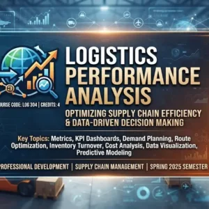 Modern educational image for Logistics Performance Analysis course with supply chain performance and benchmarking visuals