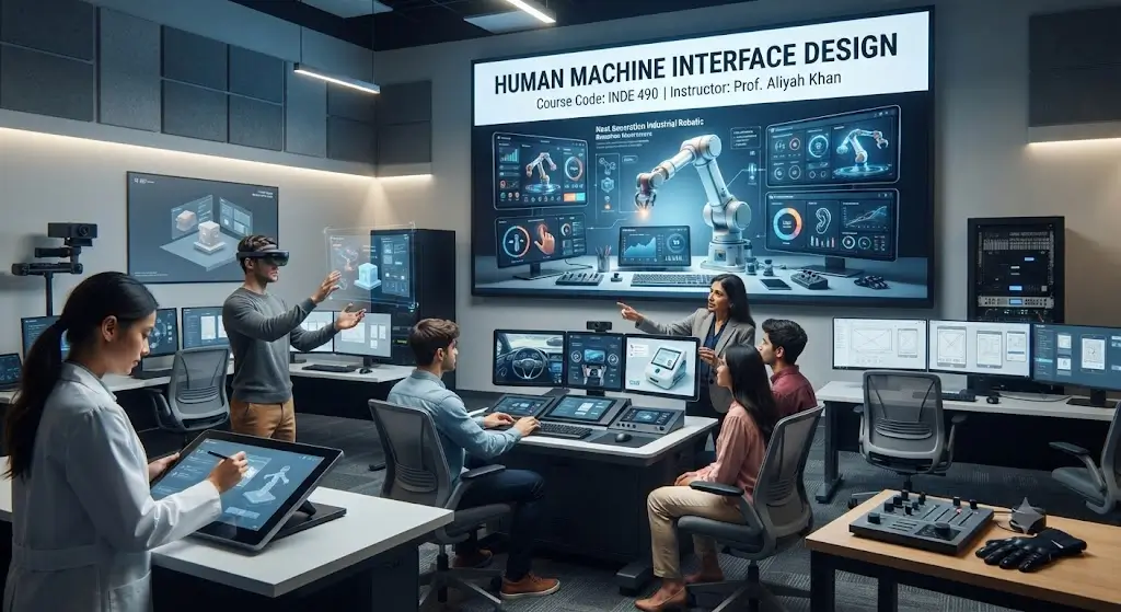 Modern e‑learning image showing Human Machine Interface Design course visuals