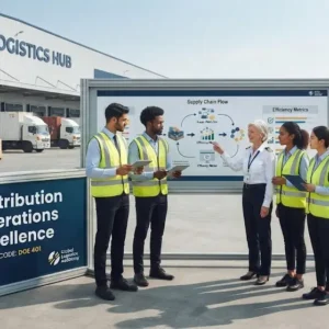Modern educational image for Distribution Operations Excellence course with logistics and supply chain visuals