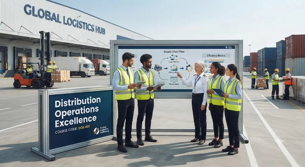 Modern educational image for Distribution Operations Excellence course with logistics and supply chain visuals
