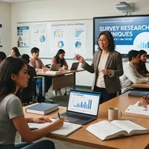 High-quality educational course image showing Survey Research Techniques with survey forms and data analysis visuals.