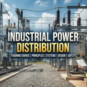 High-quality educational course image for Industrial Power Distribution with industrial electrical distribution and safety visuals.