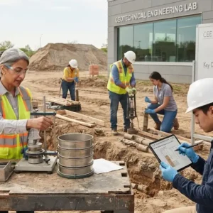 High-quality educational course image for Geotechnical Engineering Practice with soil testing and foundation visuals.