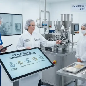 Professional e-learning image showing Pharmaceutical Manufacturing Basics and production concepts