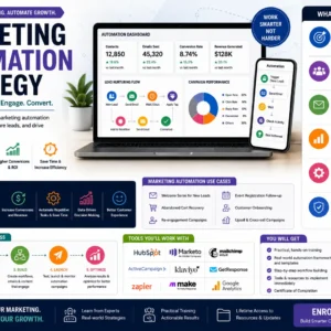 Marketing Automation Strategy course featuring automated workflows, email campaigns, lead nurturing, and marketing analytics tools.