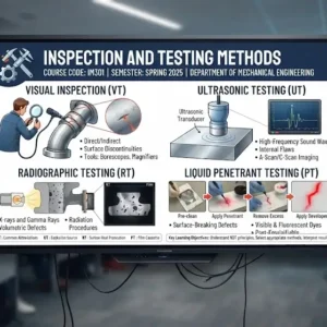 High-quality educational course image for Inspection and Testing Methods with inspection tools and testing visuals.