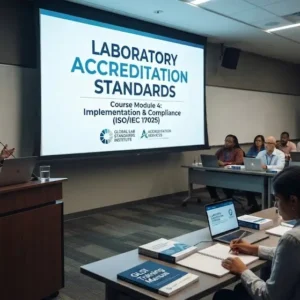 Modern educational image for Laboratory Accreditation Standards course with certification and compliance visuals