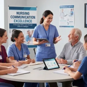 Professional e-learning image showing Nursing Communication Excellence and healthcare teamwork concepts